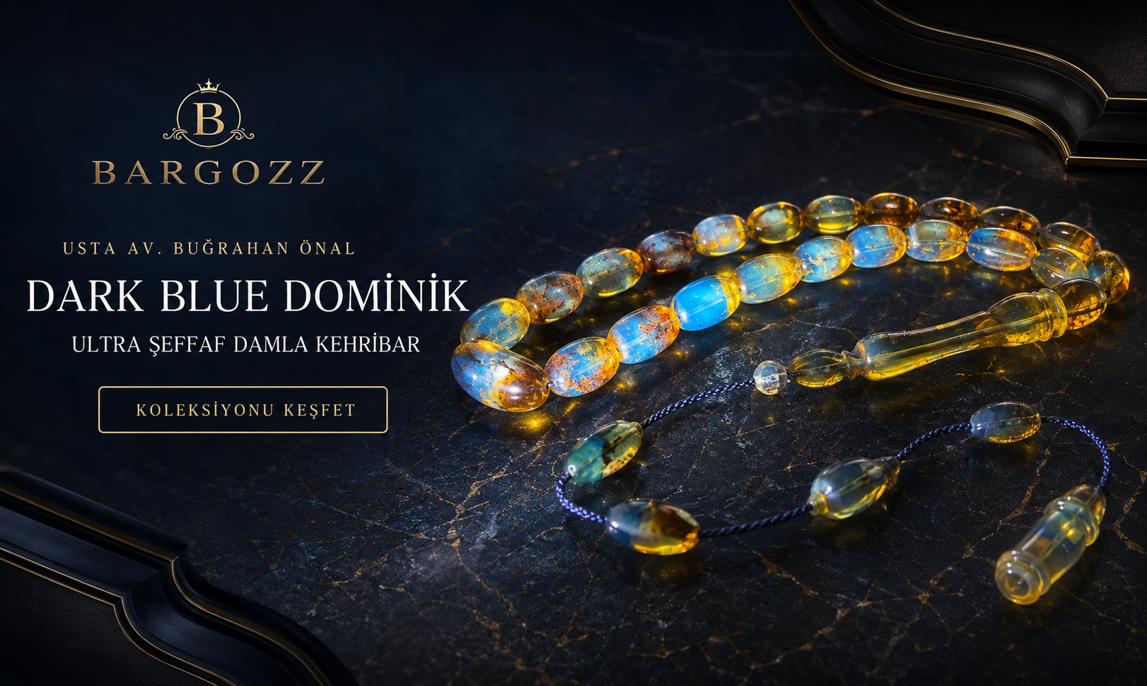 Usta Av. Buğrahan Önal İmzalı Dark Blue Dominik Damla Kehribar Tespih
